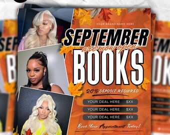 September Bookings Flyer, Autum Hair Flyer, Fall Season Booking Flyer, September Book Now, Braids, Wig, Nail, Lash Tech Open Book, DIY Canva