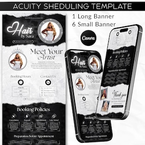 Puede incluir: Una plantilla de programación Acuity en blanco y negro para una peluquería, con el texto "Hair by Sara" y "Meet Your Artist". El diseño incluye una pancarta larga y seis pancartas pequeñas, con información de reserva y políticas que se muestran en un teléfono.