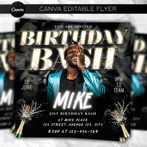 Puede incluir: Folleto negro con el texto "BIRTHDAY BASH" y "MIKE". El folleto incluye una imagen de una persona con corona y chaqueta azul. También se presentan botellas de champán y billetes.