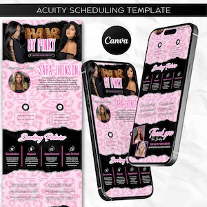 May include: Acuity scheduling template featuring a pink and black design. The template includes the text "Hair by Pinky" and "Sara Jhonson". The design is displayed on a phone screen and a flyer, with the Canva logo.
