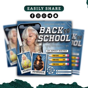 May include: A promotional graphic with the text "BACK TO SCHOOL" in a bold, 3D font. The design features a smartphone with a woman's image, and two ID badges. The graphic also includes pencils and social media icons.