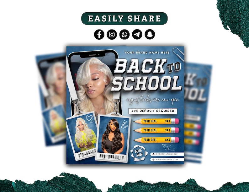 May include: A promotional graphic with the text "BACK TO SCHOOL" in a bold, 3D font. The design features a smartphone with a woman's image, and two ID badges. The graphic also includes pencils and social media icons.