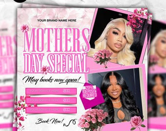May Booking Flyer, Mother's Day Appointments, May Books Open, Nail, Lash, Wig, Braids, Makeup, Hair, DIY Canva Template, Digital Download