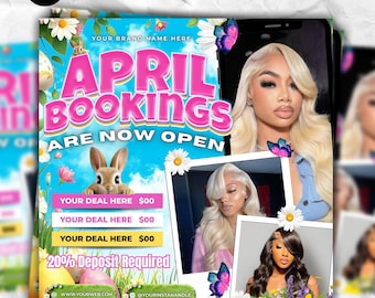 April Booking Flyer, Easter Books Open, Spring Hair, Nail, Lash, Makeup, Wig, Braids Flyer, Salon Appointment, Canva Template
