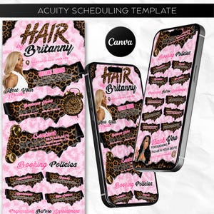 Può includere: Modello di pianificazione Acuity rosa e con stampa leopardata per un parrucchiere, con il testo "Hair by Britanny" e una foto di una donna. Include le politiche di prenotazione, le informazioni di contatto e un messaggio di "Grazie".