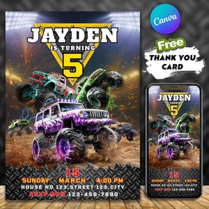 May include: A birthday party invitation featuring monster trucks. The invitation includes the text "JAYDEN IS TURNING 5" with event details: Sunday, March 15, 4:00 PM, and RSVP information. A matching phone screen is also displayed.