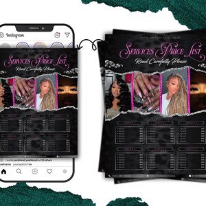 Op de afbeelding: Een zwarte en roze prijslijst voor diensten met afbeeldingen van haar en nagels. De tekst "SERVICES PRICE LIST" staat in roze script, met daaronder "Read Carefully Please". De prijslijst wordt weergegeven op een telefoonscherm en afgedrukte vellen.