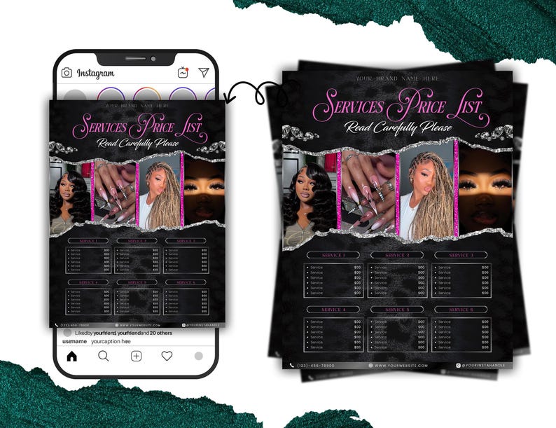 Op de afbeelding: Een zwarte en roze prijslijst voor diensten met afbeeldingen van haar en nagels. De tekst "SERVICES PRICE LIST" staat in roze script, met daaronder "Read Carefully Please". De prijslijst wordt weergegeven op een telefoonscherm en afgedrukte vellen.
