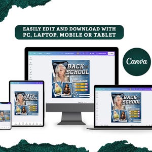 May include: A digital design displayed on a smartphone, tablet, laptop, and desktop computer. The design features the text "BACK TO SCHOOL" with images of women and a blue and yellow color scheme. The Canva logo is also visible.