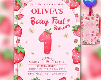 Strawberry First Birthday Invitation | Berry Sweet Theme (Digital Download)