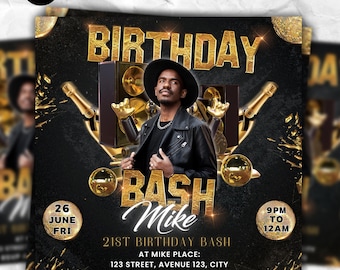 Men's Birthday Party Flyer, Dark Modern Canva Template