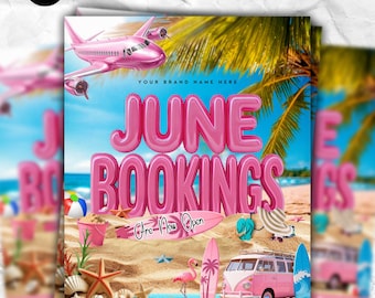 Folleto de reservas de junio, Folleto de verano, Folleto de peluquería de junio, Uñas, pestañas, Maquillaje, Pelucas, Trenzas, Reservas de junio abiertas, Citas de junio, DIY Canva