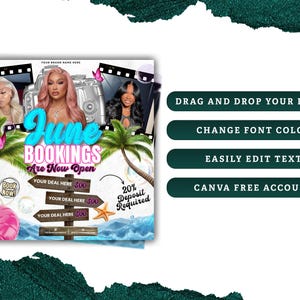 Puede incluir: Un gr&aacute;fico promocional con el texto "June Bookings Are Now Open". El dise&ntilde;o presenta im&aacute;genes de tres mujeres, palmeras, un flotador inflable rosa y un poste indicador con precios de ofertas. El texto adicional incluye "Drag and Drop Your Image" y "Canva Free Account."