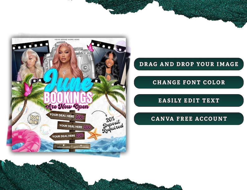 Puede incluir: Un gr&aacute;fico promocional con el texto "June Bookings Are Now Open". El dise&ntilde;o presenta im&aacute;genes de tres mujeres, palmeras, un flotador inflable rosa y un poste indicador con precios de ofertas. El texto adicional incluye "Drag and Drop Your Image" y "Canva Free Account."