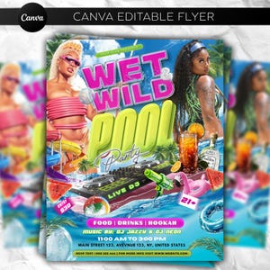 Op de afbeelding: Een levendige flyer voor een "Wet & Wild Pool Party" met roze en gele tekst. De flyer toont twee vrouwen, een DJ-opstelling en zwembad-thema graphics. Inclusief details voor eten, drinken, hookah en muziek door DJ Jazzy & DJ Neon.