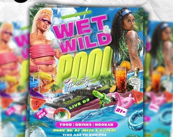 Invitación a fiesta en la piscina, fiesta de verano húmeda y salvaje, noche de club y DJ, fiesta de cumpleaños en la piscina, fiesta en bikini/playa, folleto para fiesta urbana, Canva DIY