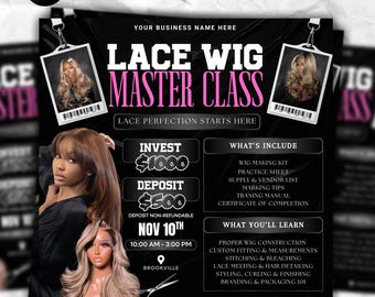 Lace Wig Masterclass Flyer: Editable Hairstylist Training Template (Canva)