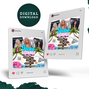 Puede incluir: Dos maquetas de publicaciones en redes sociales con tem&aacute;tica playera. Las publicaciones anuncian "June Bookings" con im&aacute;genes de mujeres y palmeras. Las publicaciones incluyen el texto "Descarga digital" y "Se requiere un dep&oacute;sito del 20%."