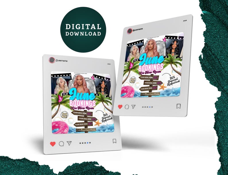 Puede incluir: Dos maquetas de publicaciones en redes sociales con tem&aacute;tica playera. Las publicaciones anuncian "June Bookings" con im&aacute;genes de mujeres y palmeras. Las publicaciones incluyen el texto "Descarga digital" y "Se requiere un dep&oacute;sito del 20%."