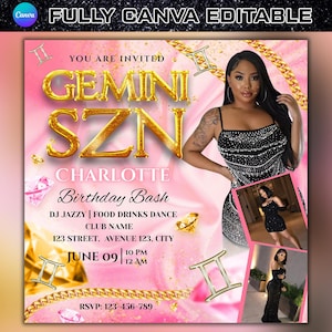Gemini Birthday Flyer, Girls Birthday Bash Party Invitation, Club Party Flyer, Gemini Season Flyer, Celebration Flyer, Canva Editable Flyer