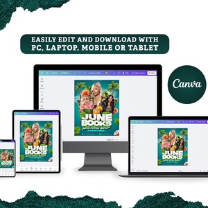 May include: A promotional image for "June Books" displayed on a smartphone, tablet, desktop computer, and laptop. The poster features three women, tropical flowers, and the text "June Books Are Now Open". The Canva logo is also visible.