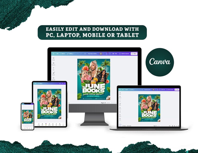 May include: A promotional image for "June Books" displayed on a smartphone, tablet, desktop computer, and laptop. The poster features three women, tropical flowers, and the text "June Books Are Now Open". The Canva logo is also visible.