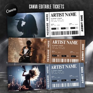 May include: Three concert tickets with different background images of performers. The tickets have a white background with the text "ARTIST NAME", "ALLEGIANT STADIUM", and "ADMIT ONE". The tickets are labeled "CANVA EDITABLE TICKETS".