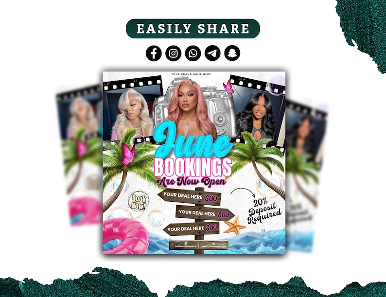 Puede incluir: Gr&aacute;fico promocional con el texto "June Bookings Are Now Open" en turquesa y rosa. La imagen presenta a tres mujeres, palmeras, un flotador inflable rosa y se&ntilde;ales direccionales. Iconos de redes sociales en la parte superior.