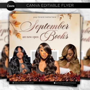 May include: A digital flyer template featuring the text "September Books are now open" and "your brand name here." The design includes three images of individuals with different hairstyles and a decorative border of autumn leaves at the bottom.
