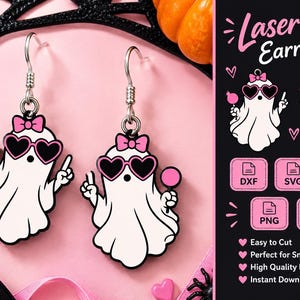 May include: A pair of dangling earrings featuring white ghost characters with pink bows and heart-shaped sunglasses, each holding a pink lollipop. The design includes silver-toned metal hooks and is presented alongside a black graphic panel displaying the text Laser Cut Earrings with file format icons for DXF, SVG, EPS, PNG, and PDF.