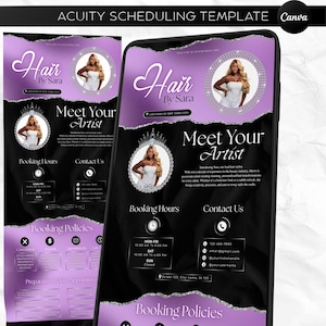 May include: A digital template for a hair salon, featuring a black and purple design. The template includes the text "Hair by Sara," a photo of a woman, and sections for booking hours, contact information, and booking policies.
