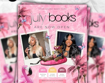Boekingsflyer juli, 4 juli-specials, boeken open juli, afspraakflyer Haar, wimpers, nagels, vlechten, pruik, make-up, doe-het-zelfcanvasjabloon