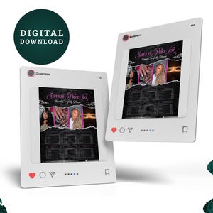 Op de afbeelding: Twee digitale download mockups van een dienstenprijslijst, weergegeven als Instagram-posts. De prijslijst bevat afbeeldingen van haar- en nagelservices. De tekst "Services Price List" is zichtbaar. Een groene cirkel met de tekst "DIGITALE DOWNLOAD" staat linksboven.