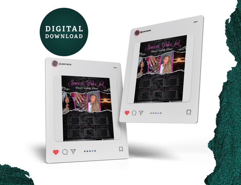Op de afbeelding: Twee digitale download mockups van een dienstenprijslijst, weergegeven als Instagram-posts. De prijslijst bevat afbeeldingen van haar- en nagelservices. De tekst "Services Price List" is zichtbaar. Een groene cirkel met de tekst "DIGITALE DOWNLOAD" staat linksboven.