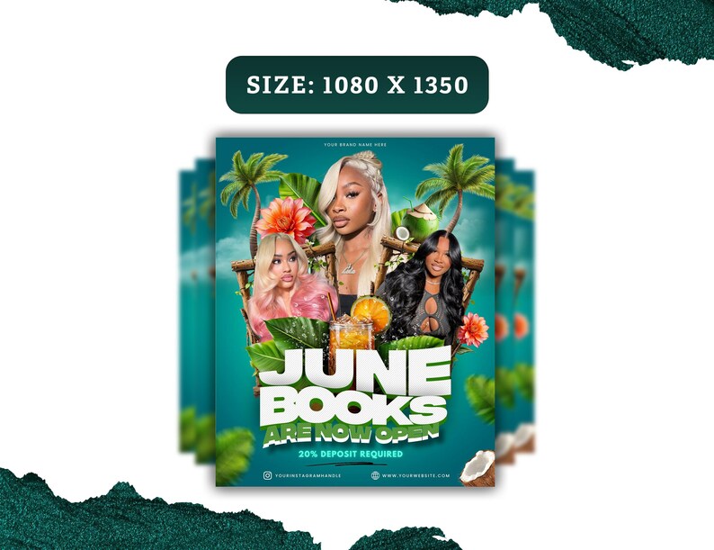 May include: A promotional flyer with a teal background features three women, tropical flowers, and palm trees. The text "JUNE BOOKS ARE NOW OPEN" is prominently displayed. The flyer also includes the text "20% DEPOSIT REQUIRED".