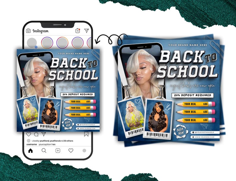 May include: A digital advertisement for a back-to-school promotion, featuring a woman with blonde hair. The ad includes the text "BACK TO SCHOOL" and "20% DEPOSIT REQUIRED". It also shows a mock-up of an Instagram post.