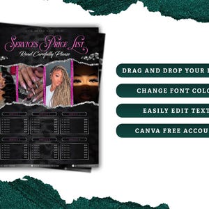 Op de afbeelding: Een zwarte en zilveren prijslijst voor diensten met de tekst "Services Price List" en "Read Carefully Please". De prijslijst bevat afbeeldingen en tekst. Er zijn ook knoppen met de tekst: "Drag and Drop Your Image", "Change Font Color", "Easily Edit Text" en "Canva Free Account".