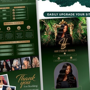May include: A dark green flyer with gold text and images promoting a hair studio. The flyer includes the text "Hair Studio by Amanda", contact information, booking policies, and a call to action to "Easily Upgrade Your Site".