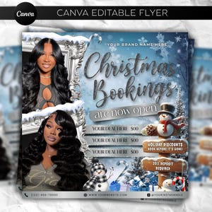 Può includere: Un volantino modificabile di Canva con un tema invernale. Il volantino presenta il testo "Christmas Bookings are now open" con un pupazzo di neve e decorazioni natalizie. Il volantino include anche immagini di due donne con lunghi capelli neri.
