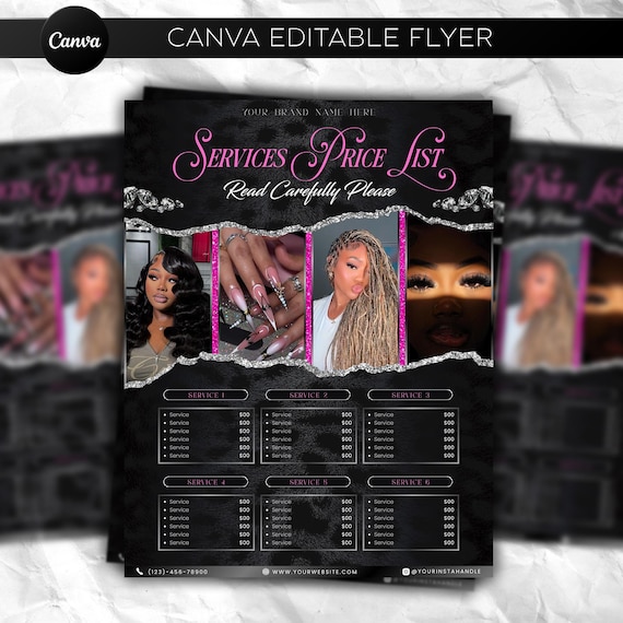 Beauty Salon Price List Template, Price List Sheet, Hair Price List, Lash, Nail, Wig, Braids, Makeup Price list, Canva Editable, 8.5x11 in