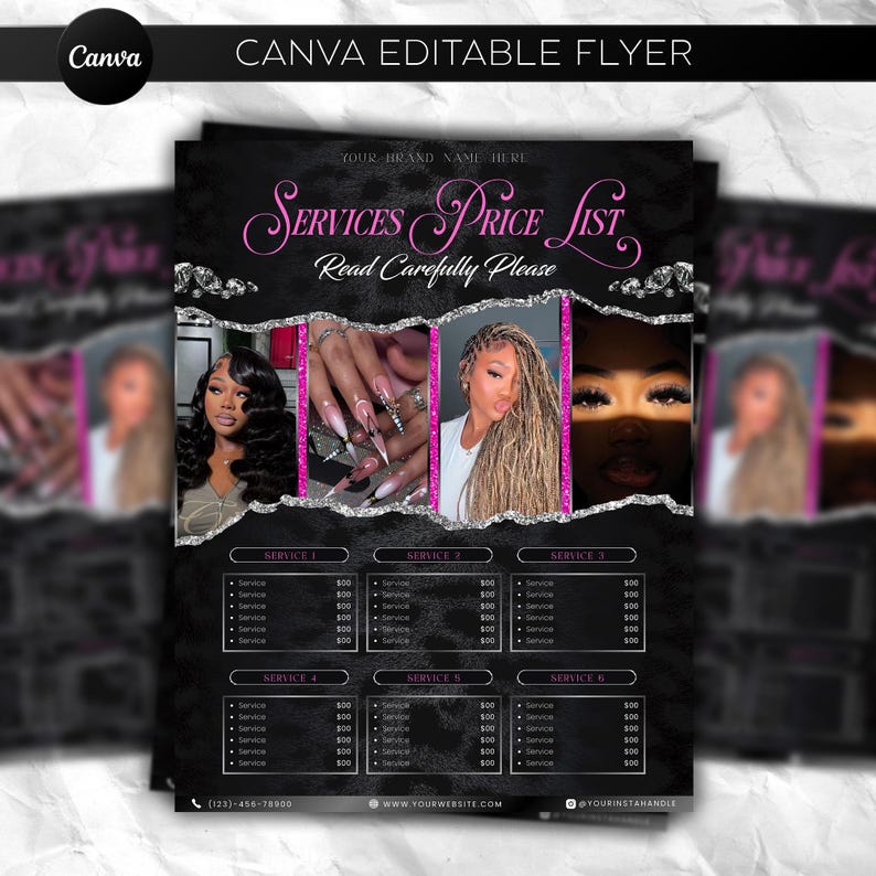 Op de afbeelding: Een zwarte en roze flyer met een prijslijst voor diensten met de tekst "CANVA EDITABLE FLYER" bovenaan. De flyer bevat afbeeldingen van schoonheidsdiensten en een prijslijst. De flyer bevat ook de tekst "SERVICES PRICE LIST" en "Read Carefully Please".
