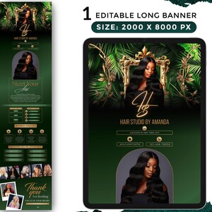 May include: A dark green banner ad for a hair studio. The banner features images of a woman with long, wavy black hair. Text includes "Hair Studio by Amanda", "Meet Your Artist", and contact information.