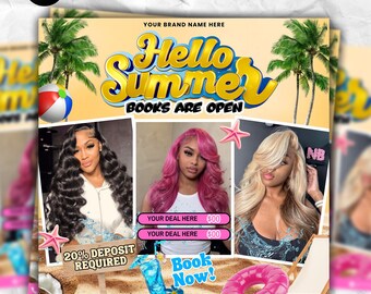 Folleto de reservas de junio, Folleto de verano, Folleto de peluquería de junio, Uñas, pestañas, Maquillaje, Pelucas, Trenzas, Reservas de junio abiertas, Citas de junio, DIY Canva