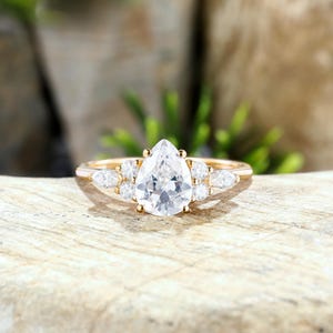 Pear shaped moissanite engagement ring, Vintage yellow gold bridal ring, Diamond cluster promise ring, Unique anniversary ring for Women