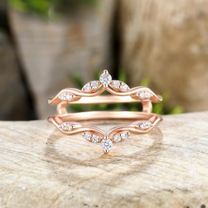 Enhancer wedding band, Double band curved ring, Vintage solid gold ring, Unique moissanite ring jacket, Anniversary promise ring guard women