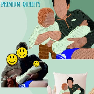 Può includere: Un design ricamato con un padre e due bambini. L'immagine è un ricamo dal vivo personalizzato con il testo "CUSTOM LIVE IMAGES EMBROIDERY PRIMIUM QUALITY". Il design è su un cuscino e viene mostrato anche in una foto.