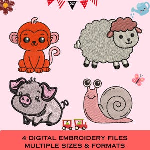 Può includere: Quattro disegni per ricamo a macchina raffiguranti una scimmia arancione brillante, una pecora grigia soffice con lana marrone, un maiale grigio chiaro con orecchie rosa e una lumaca rosa. Gli elementi decorativi includono un fiore, un annaffiatoio, una farfalla e un treno.