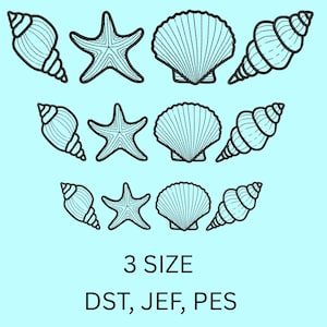 Puede incluir: Dibujos lineales negros de conchas marinas, estrellas de mar y conchas de vieira dispuestas en tres filas sobre un fondo azul claro. El texto "3 SIZE" y los formatos de archivo "DST, JEF, PES" se muestran debajo.