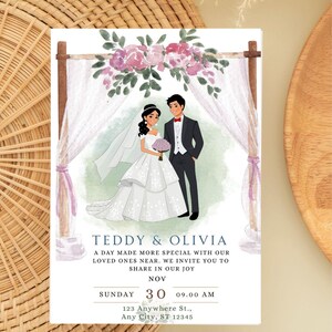 Può includere: Invito di nozze con un'illustrazione di sposa e sposo sotto un arco floreale. L'invito include i nomi "Teddy & Olivia", la data, l'ora e l'indirizzo. L'illustrazione è in stile acquerello.
