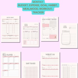 Può includere: Una raccolta di pagine di pianificazione stampabili con uno schema di colori rosa e beige. Le pagine includono tracker per budget mensili, spese, obiettivi, abitudini, pasti, umore e allenamenti. Il testo "ALL IN ONE BUNDLE" è in alto.